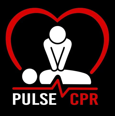 Pulse CPR logo: a rescuer giving chest compressions inside a red heart with a heartbeat line